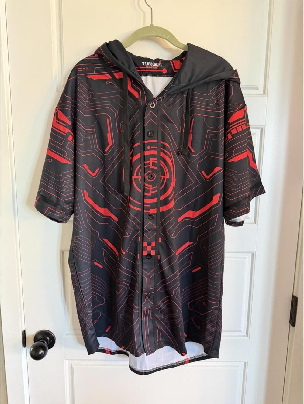 Rave Bonfire Men’s Hooded Button Up Shirt Black And Red Size XL